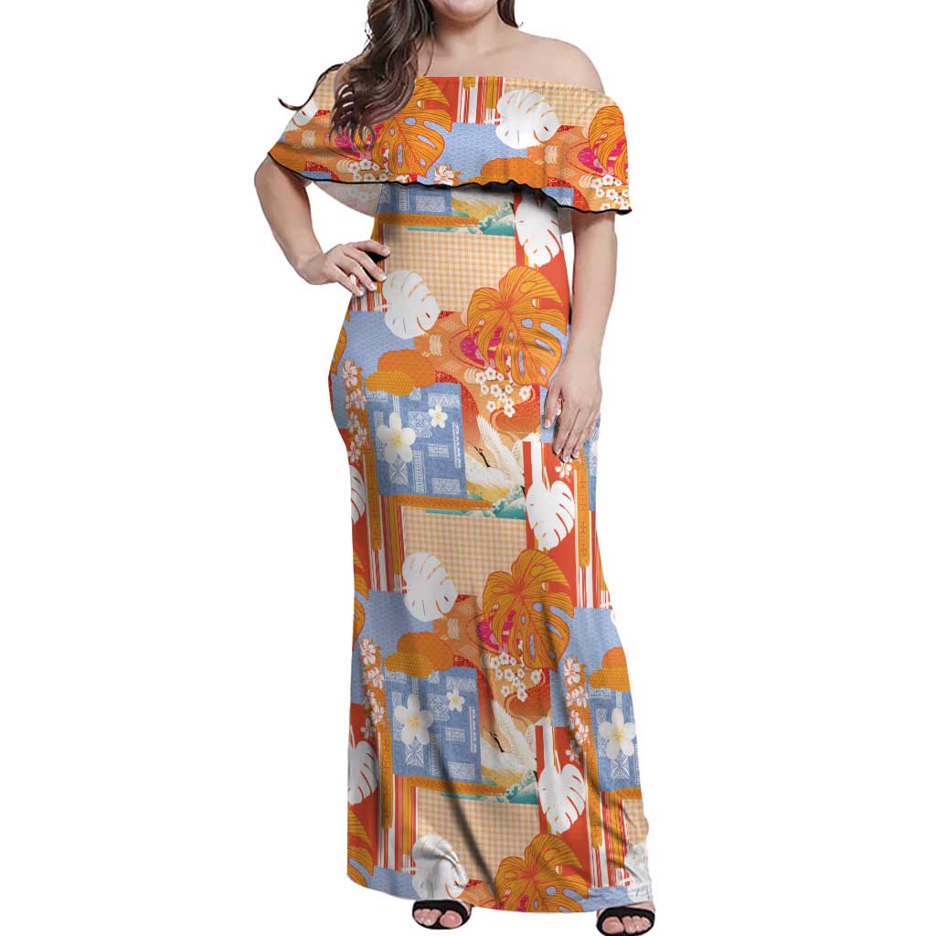 Hawaiian and Japanese Culture Together Off Shoulder Maxi Dress Palaka Japanese Art and Tropical Motif Tribal Patchwork LT03 Women Multicolor - Polynesian Pride