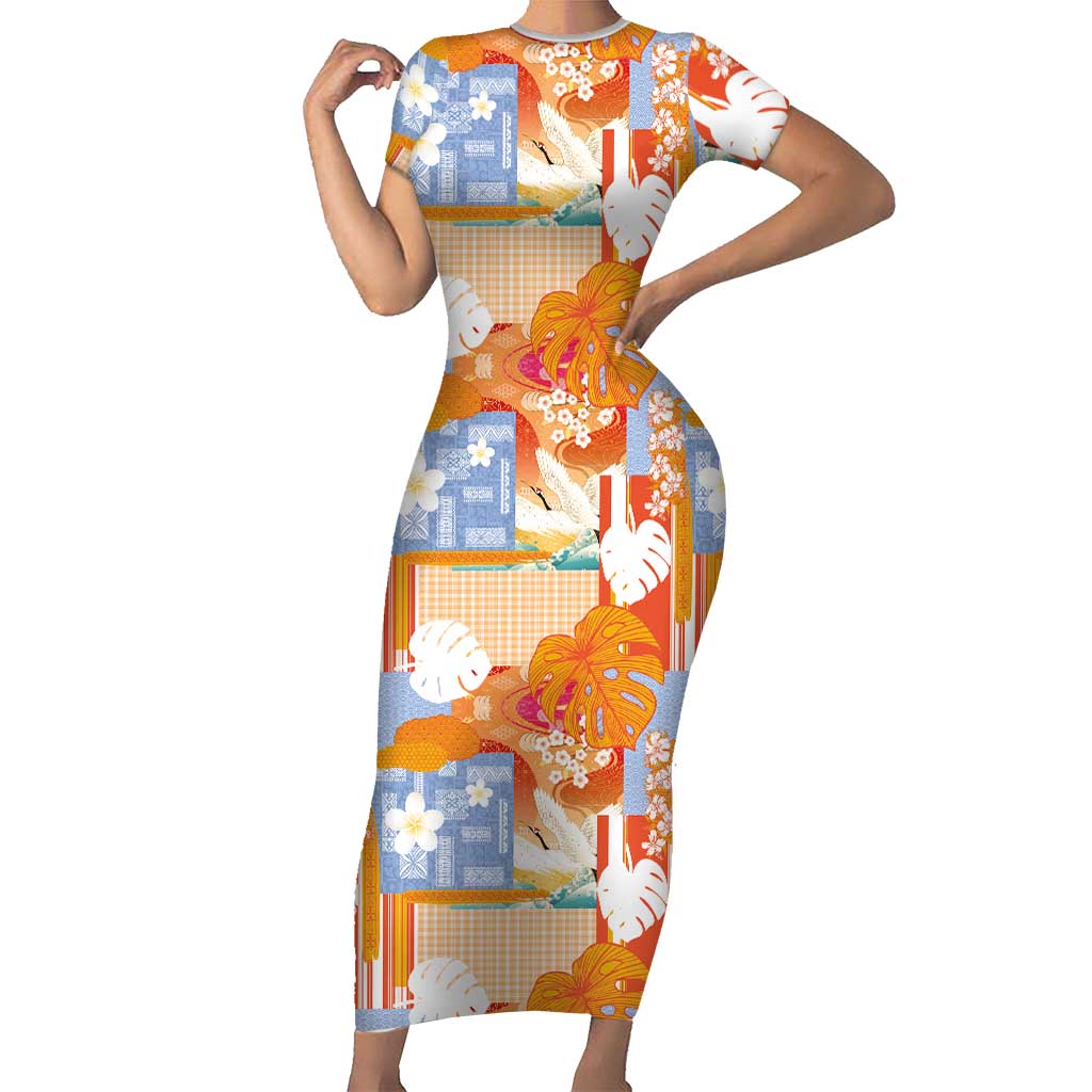 Hawaiian and Japanese Culture Together Short Sleeve Bodycon Dress Palaka Japanese Art and Tropical Motif Tribal Patchwork LT03 Long Dress Multicolor - Polynesian Pride