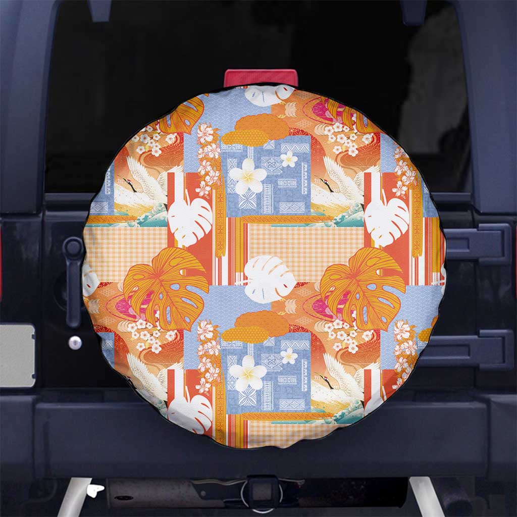 Hawaiian and Japanese Culture Together Spare Tire Cover Palaka Japanese Art and Tropical Motif Tribal Patchwork
