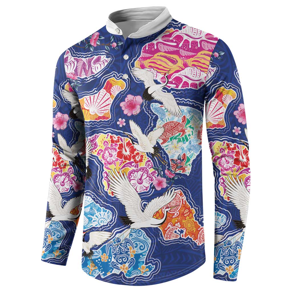 Hawaiian and Japanese Culture Together Button Sweatshirt Hawaiian Archipelago Shape Sea Animals LT03 - Polynesian Pride
