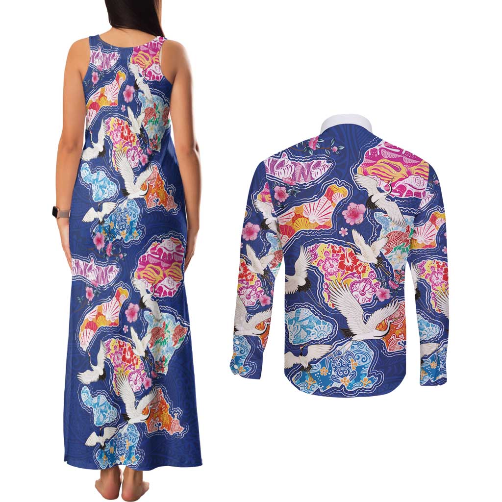 Hawaiian and Japanese Culture Together Couples Matching Tank Maxi Dress and Long Sleeve Button Shirt Hawaiian Archipelago Shape Sea Animals