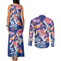 Hawaiian and Japanese Culture Together Couples Matching Tank Maxi Dress and Long Sleeve Button Shirt Hawaiian Archipelago Shape Sea Animals