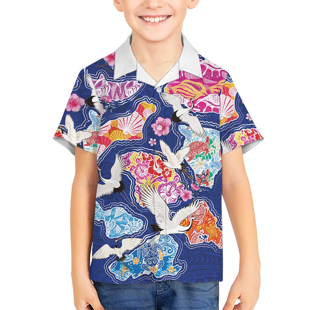 Hawaiian and Japanese Culture Together Family Matching Mermaid Dress and Hawaiian Shirt Hawaiian Archipelago Shape Sea Animals LT03 Son's Shirt Multicolor - Polynesian Pride