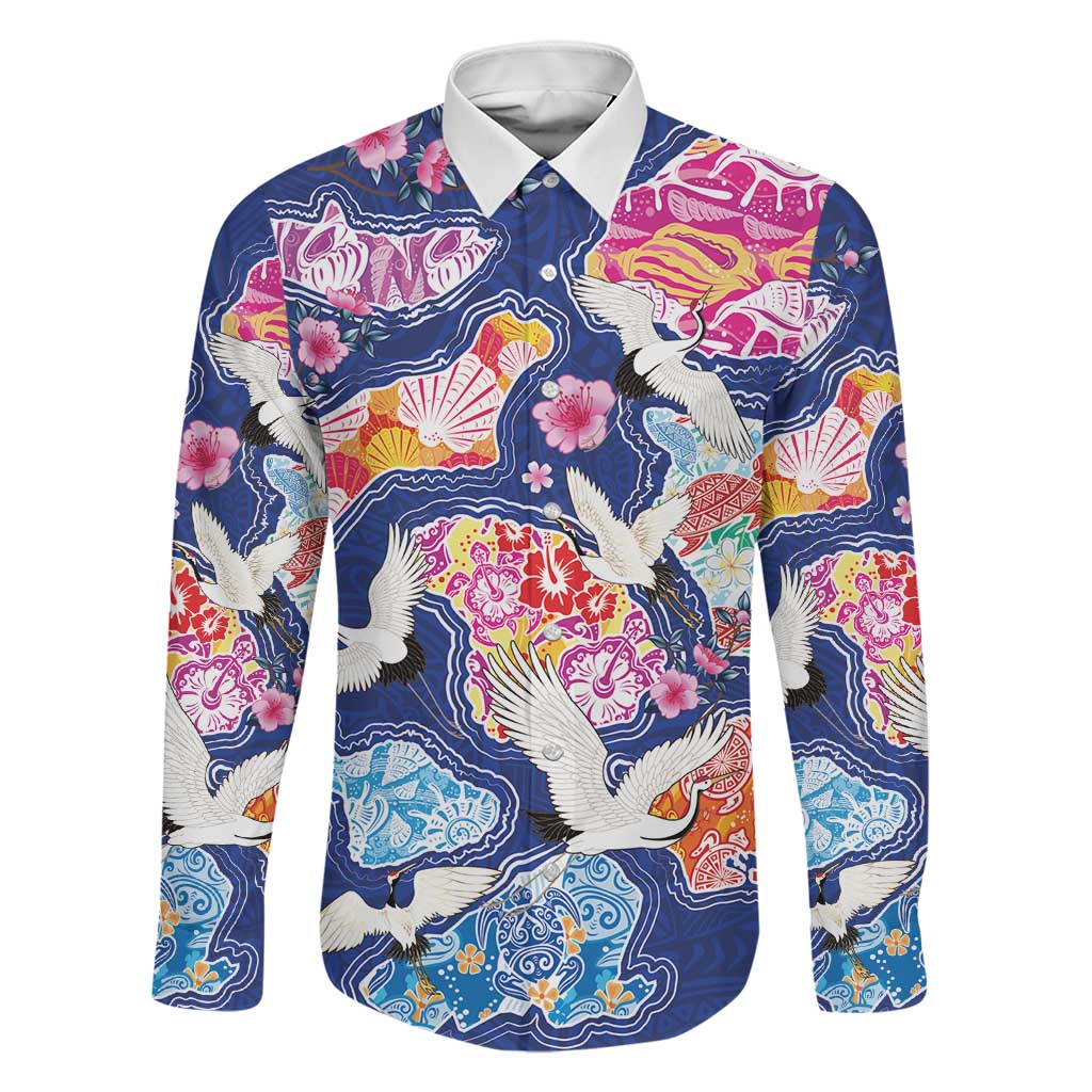 Hawaiian and Japanese Culture Together Family Matching Off Shoulder Maxi Dress and Hawaiian Shirt Hawaiian Archipelago Shape Sea Animals LT03 Dad's Shirt - Long Sleeve Multicolor - Polynesian Pride