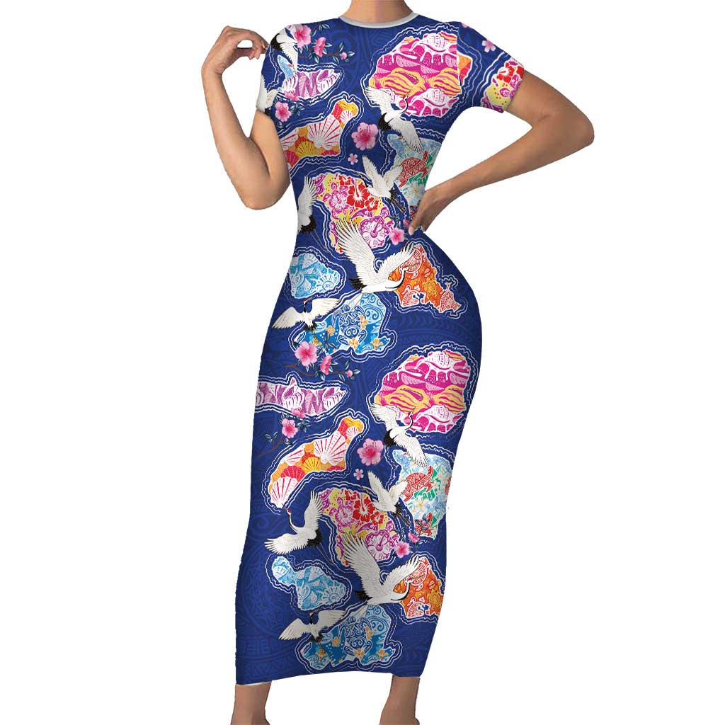 Hawaiian and Japanese Culture Together Family Matching Short Sleeve Bodycon Dress and Hawaiian Shirt Hawaiian Archipelago Shape Sea Animals LT03 Mom's Dress Multicolor - Polynesian Pride