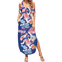 Hawaiian and Japanese Culture Together Family Matching Summer Maxi Dress and Hawaiian Shirt Hawaiian Archipelago Shape Sea Animals