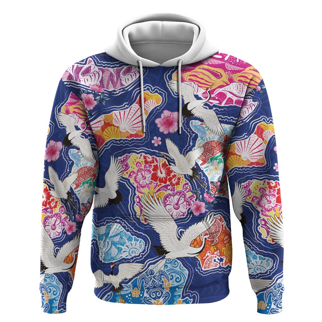 Hawaiian and Japanese Culture Together Hoodie Hawaiian Archipelago Shape Sea Animals