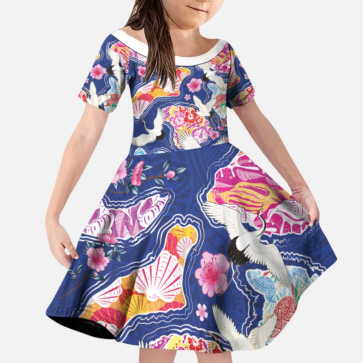 Hawaiian and Japanese Culture Together Kid Short Sleeve Dress Hawaiian Archipelago Shape Sea Animals LT03 KID Multicolor - Polynesian Pride