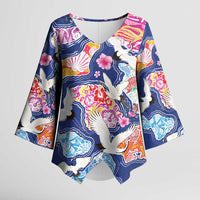 Hawaiian and Japanese Culture Together Kimono Sleeve Blouse Hawaiian Archipelago Shape Sea Animals