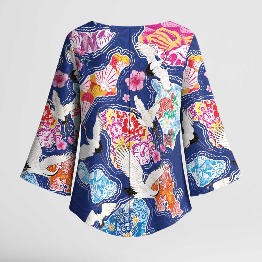 Hawaiian and Japanese Culture Together Kimono Sleeve Blouse Hawaiian Archipelago Shape Sea Animals