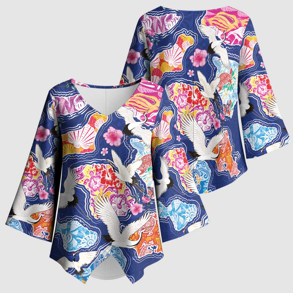 Hawaiian and Japanese Culture Together Kimono Sleeve Blouse Hawaiian Archipelago Shape Sea Animals
