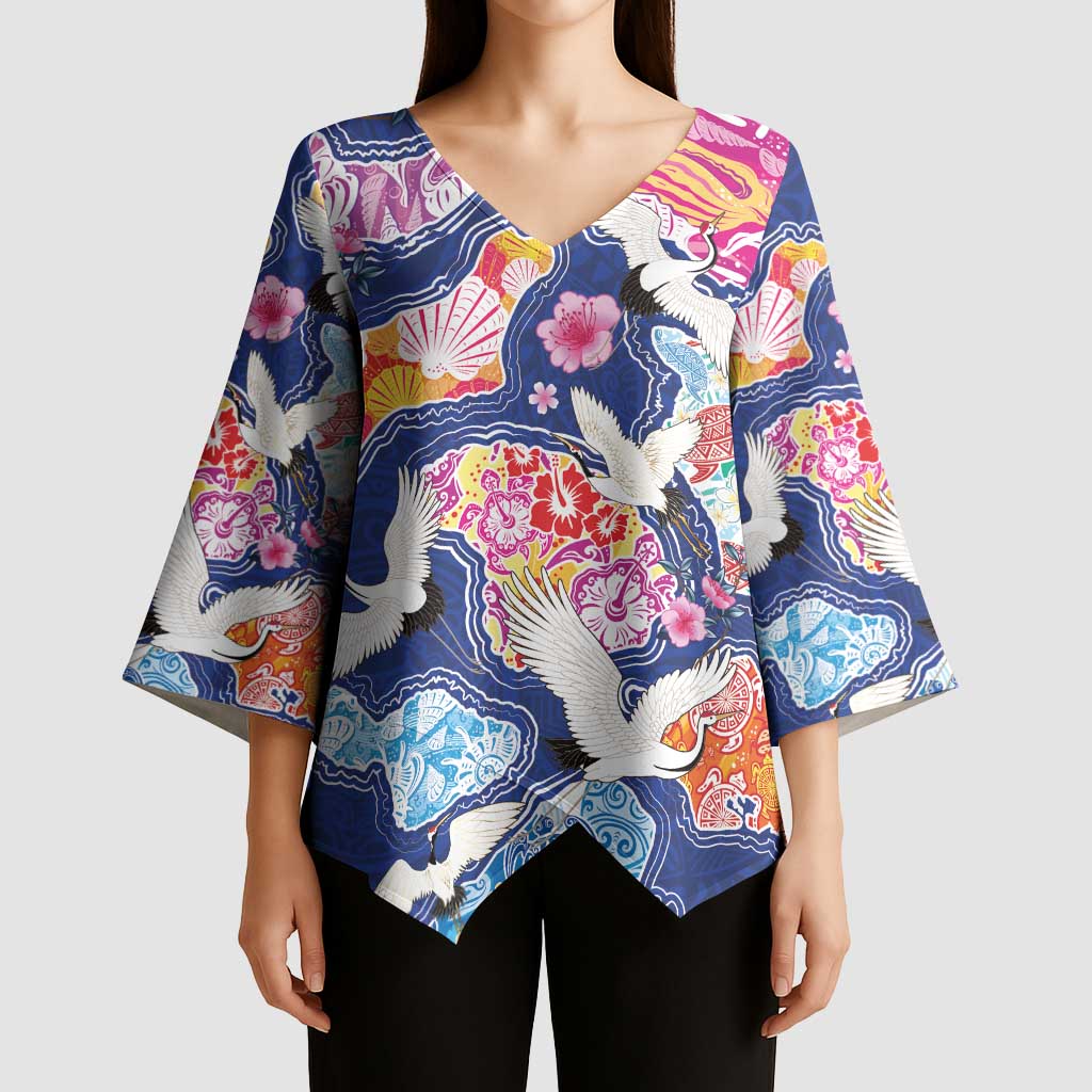 Hawaiian and Japanese Culture Together Kimono Sleeve Blouse Hawaiian Archipelago Shape Sea Animals