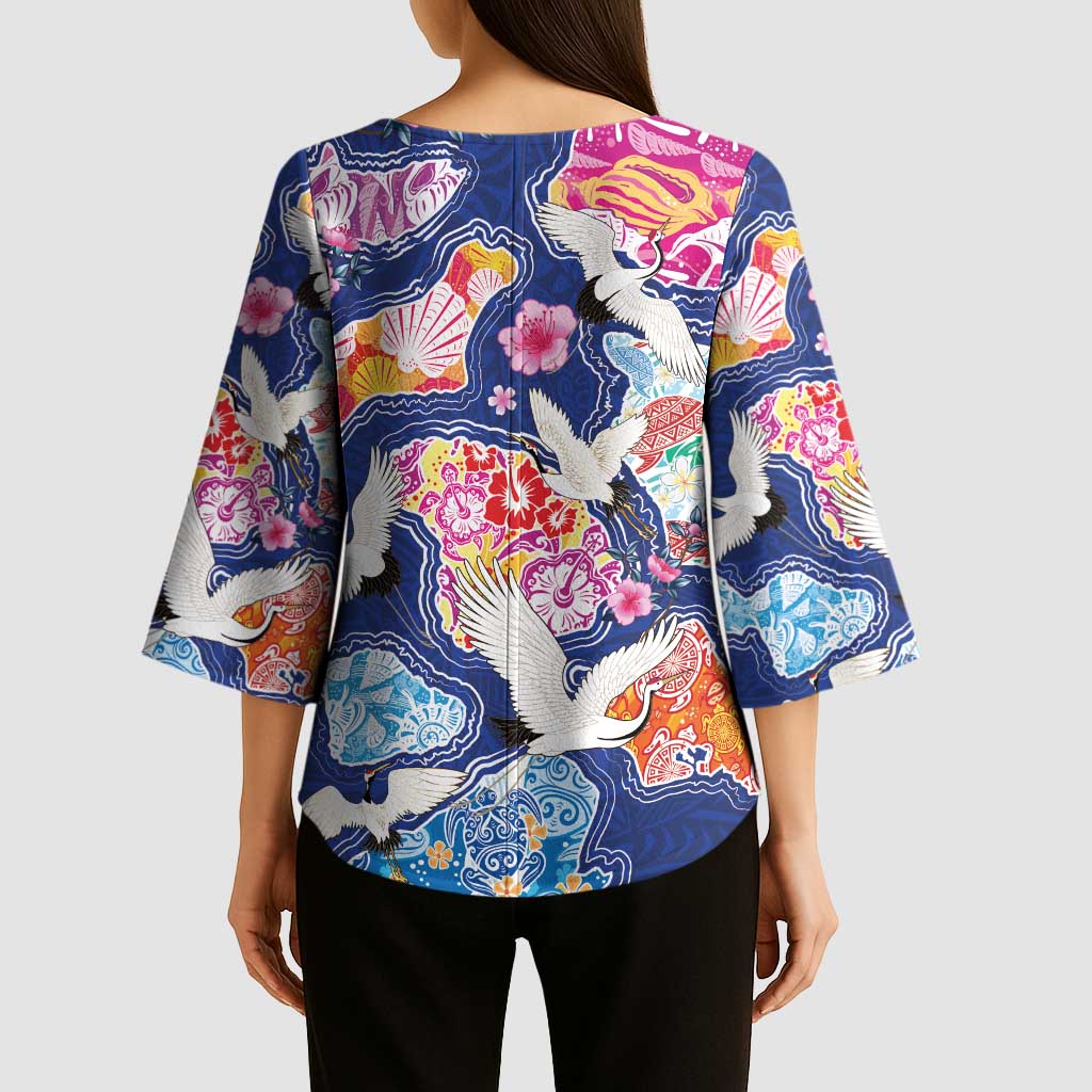 Hawaiian and Japanese Culture Together Kimono Sleeve Blouse Hawaiian Archipelago Shape Sea Animals