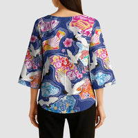Hawaiian and Japanese Culture Together Kimono Sleeve Blouse Hawaiian Archipelago Shape Sea Animals