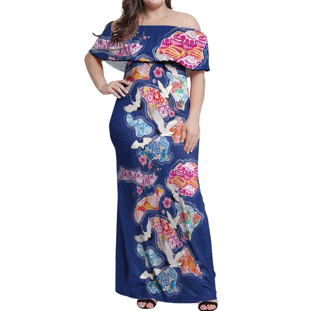 Hawaiian and Japanese Culture Together Off Shoulder Maxi Dress Hawaiian Archipelago Shape Sea Animals LT03 Women Multicolor - Polynesian Pride