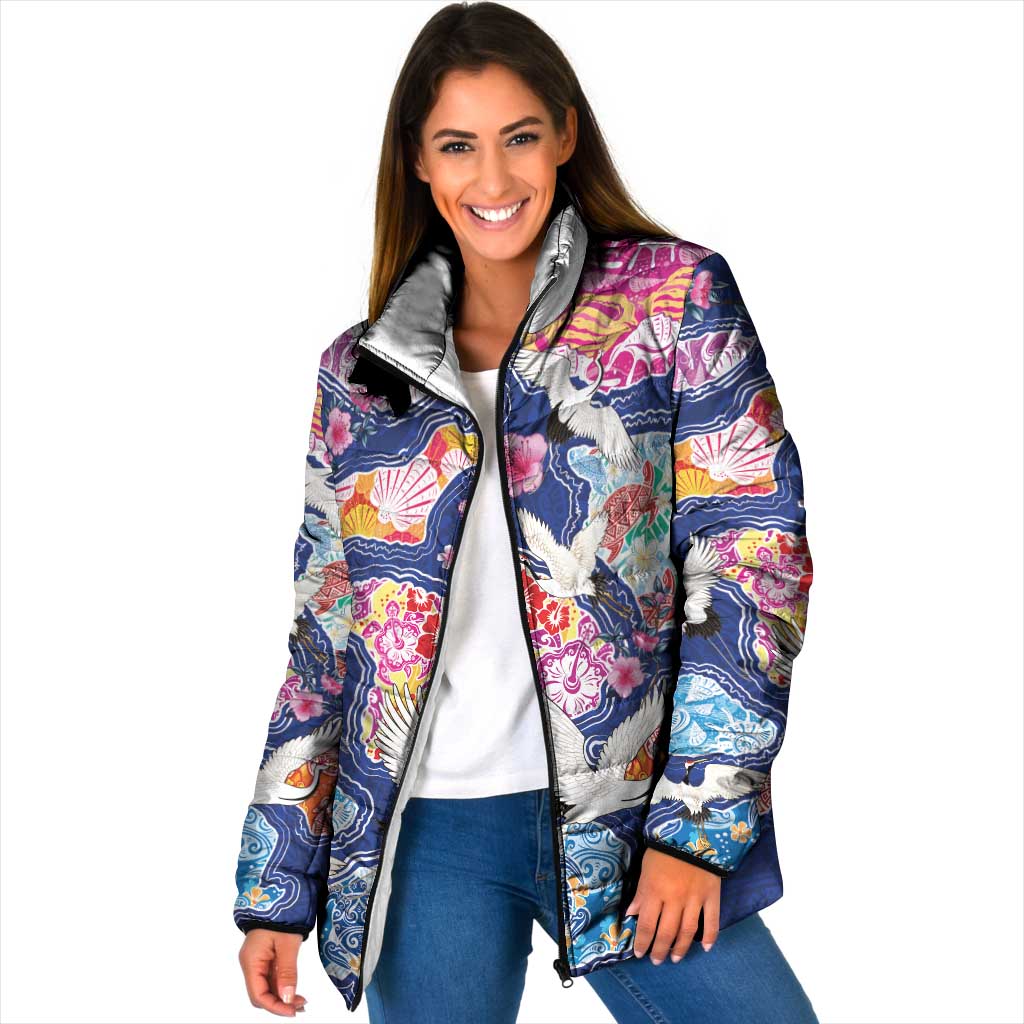 Hawaiian and Japanese Culture Together Padded Jacket Hawaiian Archipelago Shape Sea Animals LT03 Women Multicolor - Polynesian Pride