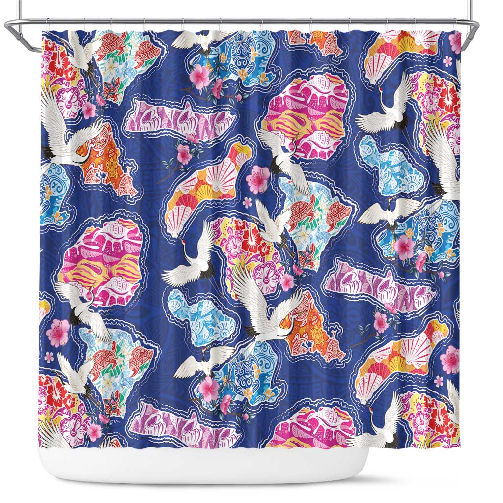 Hawaiian and Japanese Culture Together Shower Curtain Hawaiian Archipelago Shape Sea Animals LT03 Multicolor - Polynesian Pride