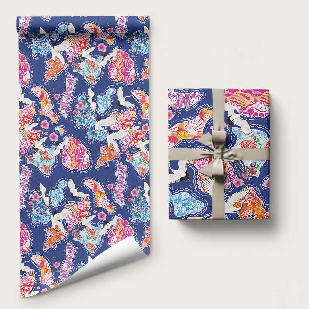 Hawaiian and Japanese Culture Together Wrapping Paper Hawaiian Archipelago Shape Sea Animals LT03 58" × 23" Multicolor - Polynesian Pride