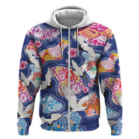Hawaiian and Japanese Culture Together Zip Hoodie Hawaiian Archipelago Shape Sea Animals LT03 Zip Hoodie Multicolor - Polynesian Pride