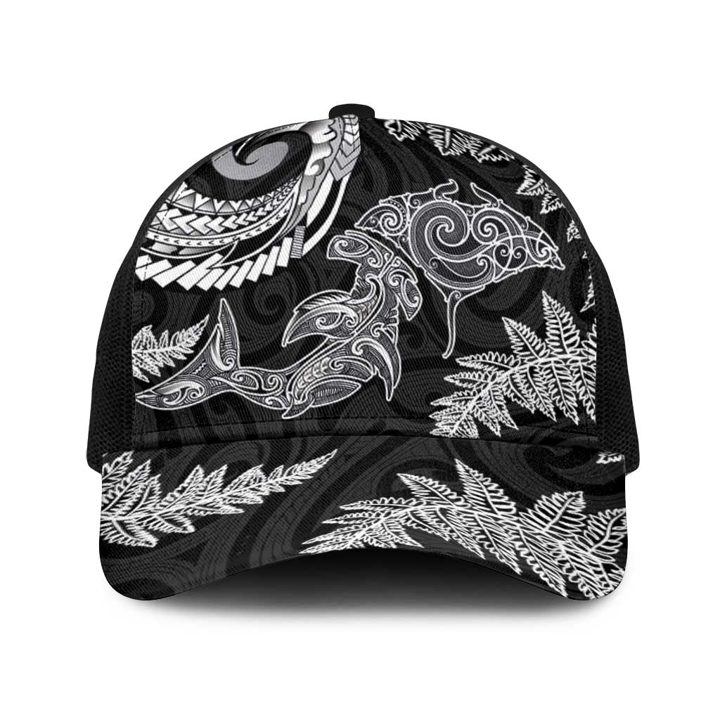 New Zealand Sea Animals with Maori Tribal Tattoo Baseball Net Cap Shark Manta Ray with Silver Fern Black