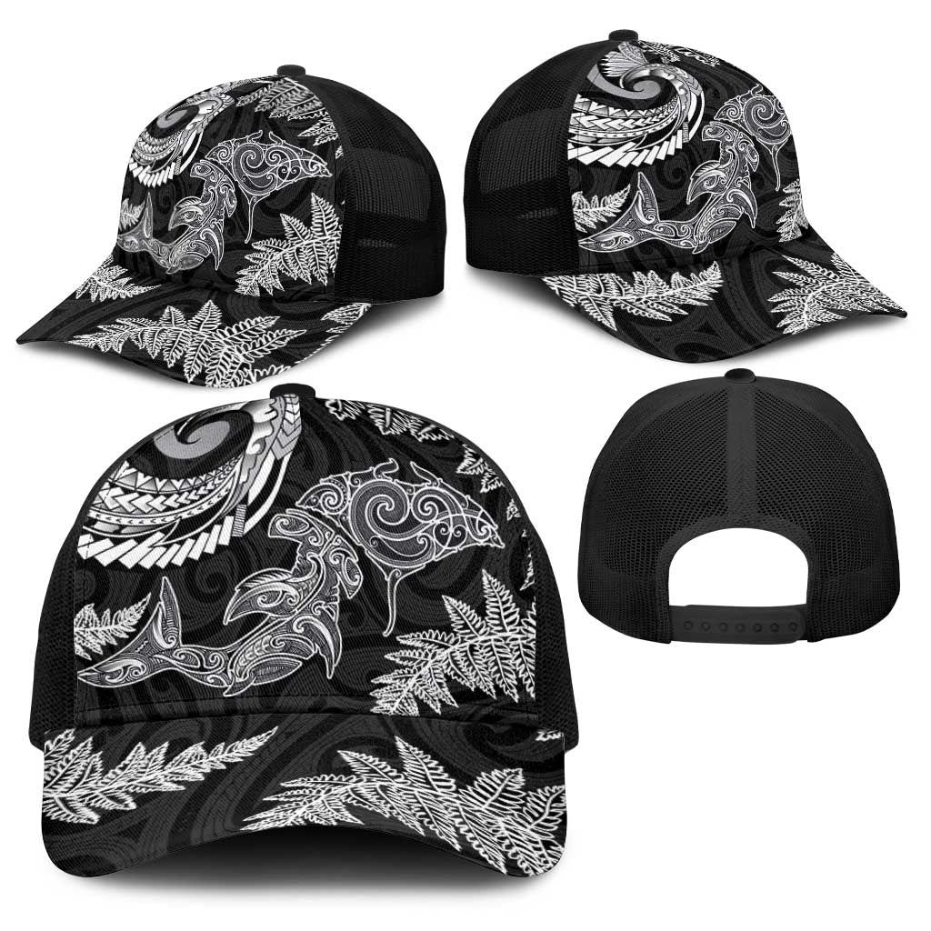 New Zealand Sea Animals with Maori Tribal Tattoo Baseball Net Cap Shark Manta Ray with Silver Fern Black LT03 - Polynesian Pride