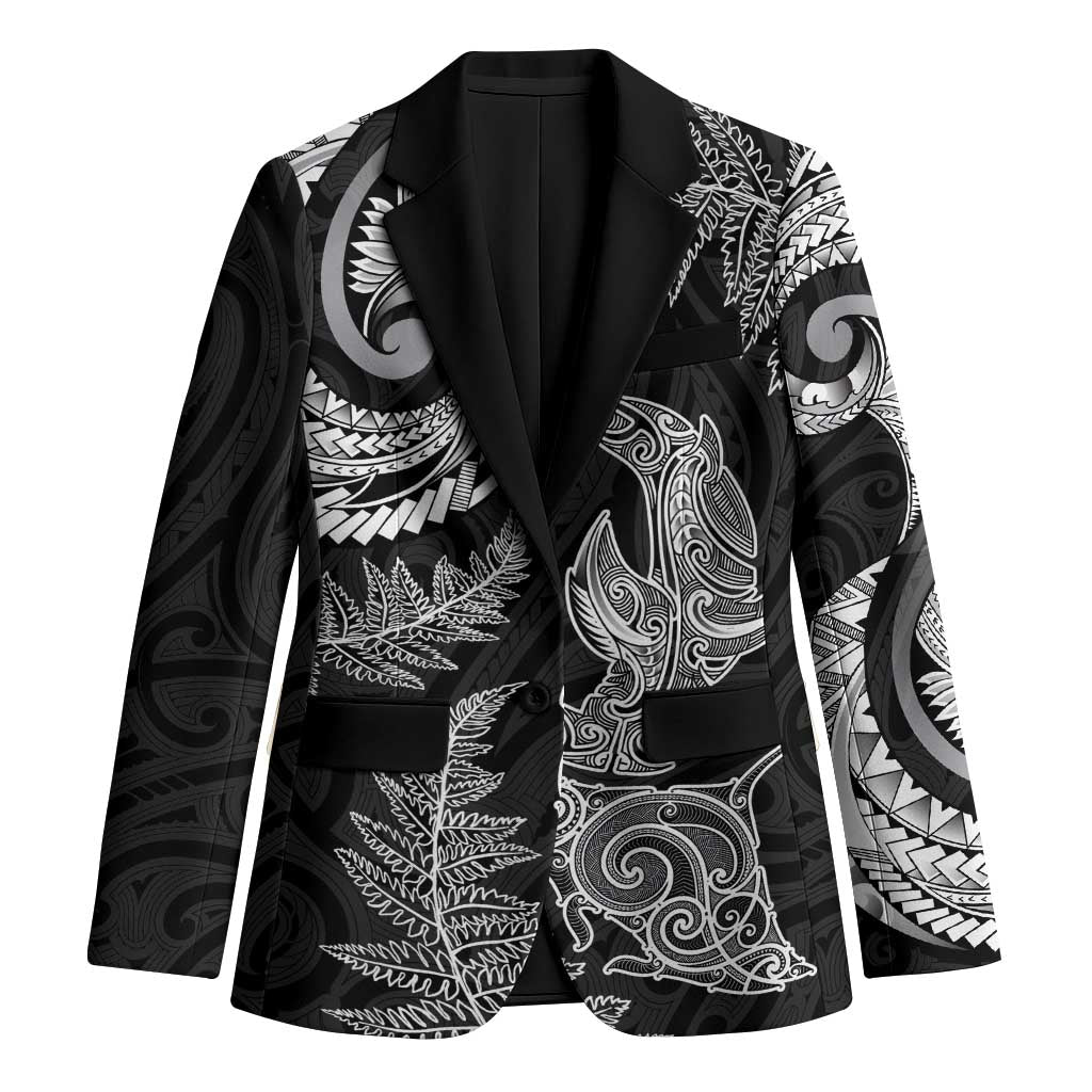 New Zealand Sea Animals with Maori Tribal Tattoo Blazer Shark Manta Ray with Silver Fern Black