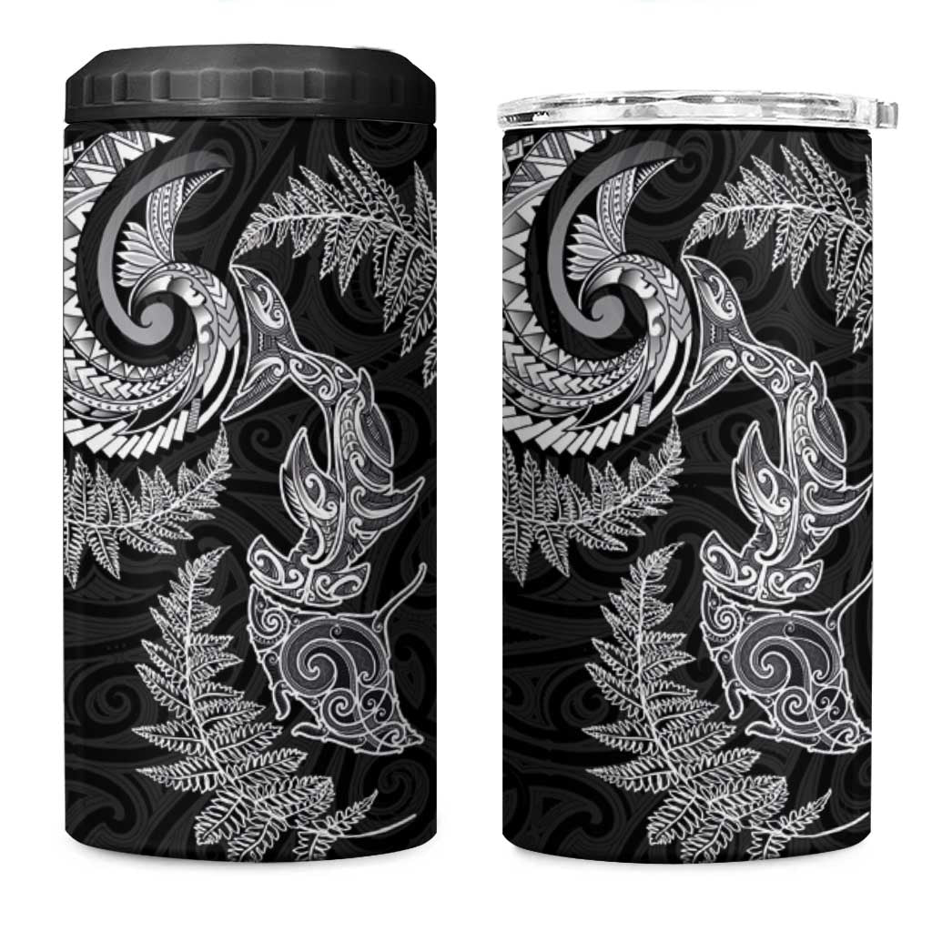 New Zealand Sea Animals with Maori Tribal Tattoo 4 in 1 Can Cooler Tumbler Shark Manta Ray with Silver Fern Black LT03 One Size: 16 oz Black - Polynesian Pride