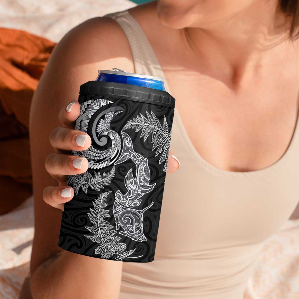 New Zealand Sea Animals with Maori Tribal Tattoo 4 in 1 Can Cooler Tumbler Shark Manta Ray with Silver Fern Black LT03 - Polynesian Pride