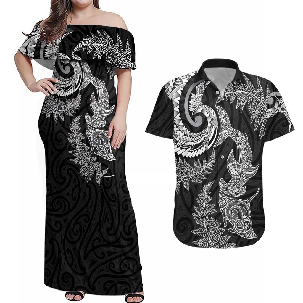 New Zealand Sea Animals with Maori Tribal Tattoo Couples Matching Off Shoulder Maxi Dress and Hawaiian Shirt Shark Manta Ray with Silver Fern Black