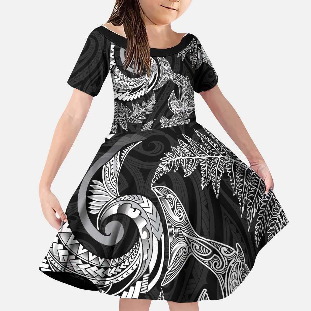 New Zealand Sea Animals with Maori Tribal Tattoo Family Matching Off The Shoulder Long Sleeve Dress and Hawaiian Shirt Shark Manta Ray with Silver Fern Black LT03 Daughter's Dress Black - Polynesian Pride