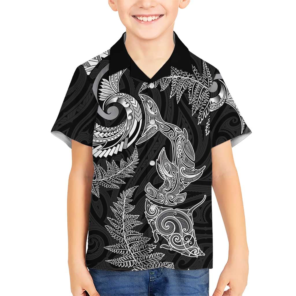 New Zealand Sea Animals with Maori Tribal Tattoo Family Matching Off The Shoulder Long Sleeve Dress and Hawaiian Shirt Shark Manta Ray with Silver Fern Black LT03 Son's Shirt Black - Polynesian Pride