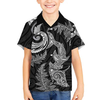 New Zealand Sea Animals with Maori Tribal Tattoo Family Matching Off The Shoulder Long Sleeve Dress and Hawaiian Shirt Shark Manta Ray with Silver Fern Black LT03 Son's Shirt Black - Polynesian Pride