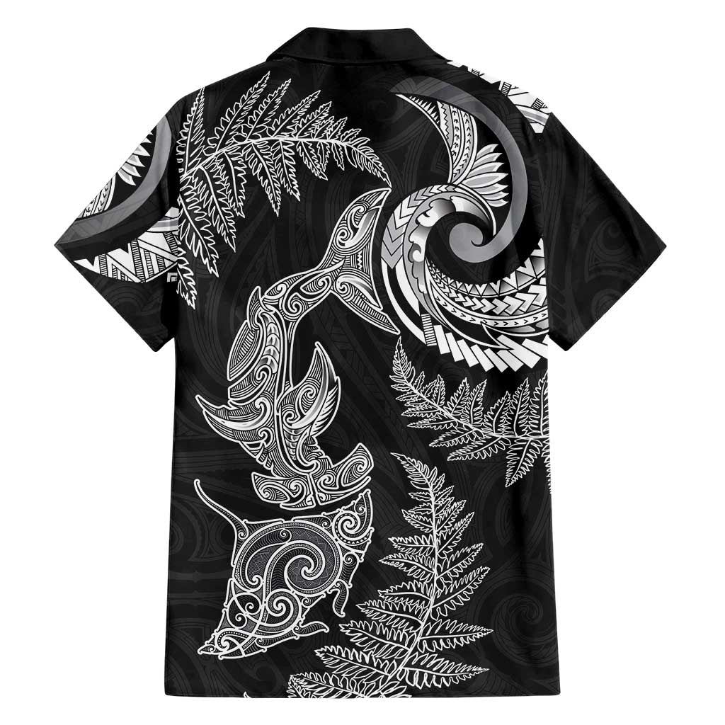 New Zealand Sea Animals with Maori Tribal Tattoo Family Matching Off Shoulder Maxi Dress and Hawaiian Shirt Shark Manta Ray with Silver Fern Black LT03 - Polynesian Pride