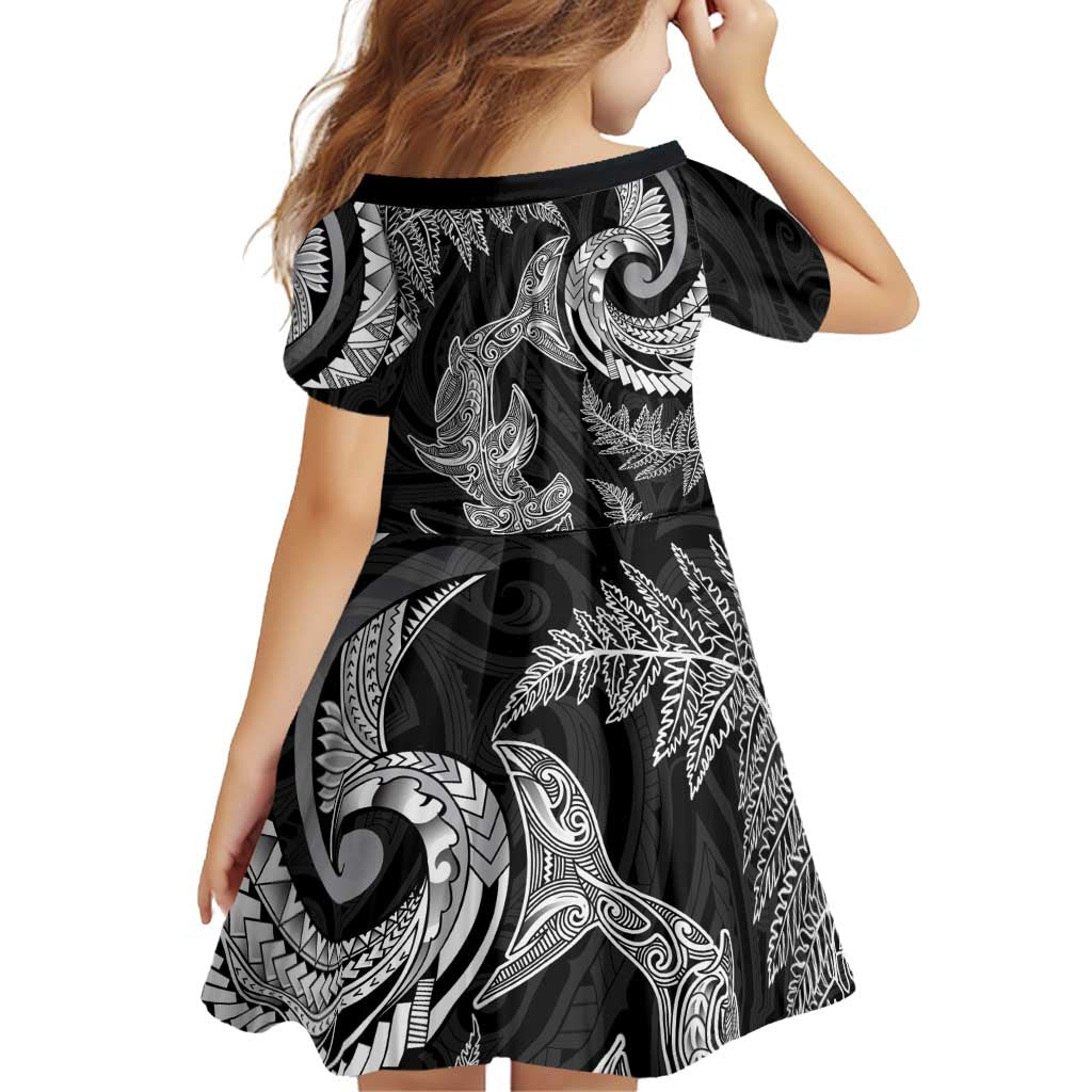 New Zealand Sea Animals with Maori Tribal Tattoo Family Matching Short Sleeve Bodycon Dress and Hawaiian Shirt Shark Manta Ray with Silver Fern Black LT03 - Polynesian Pride