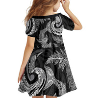 New Zealand Sea Animals with Maori Tribal Tattoo Family Matching Short Sleeve Bodycon Dress and Hawaiian Shirt Shark Manta Ray with Silver Fern Black LT03 - Polynesian Pride