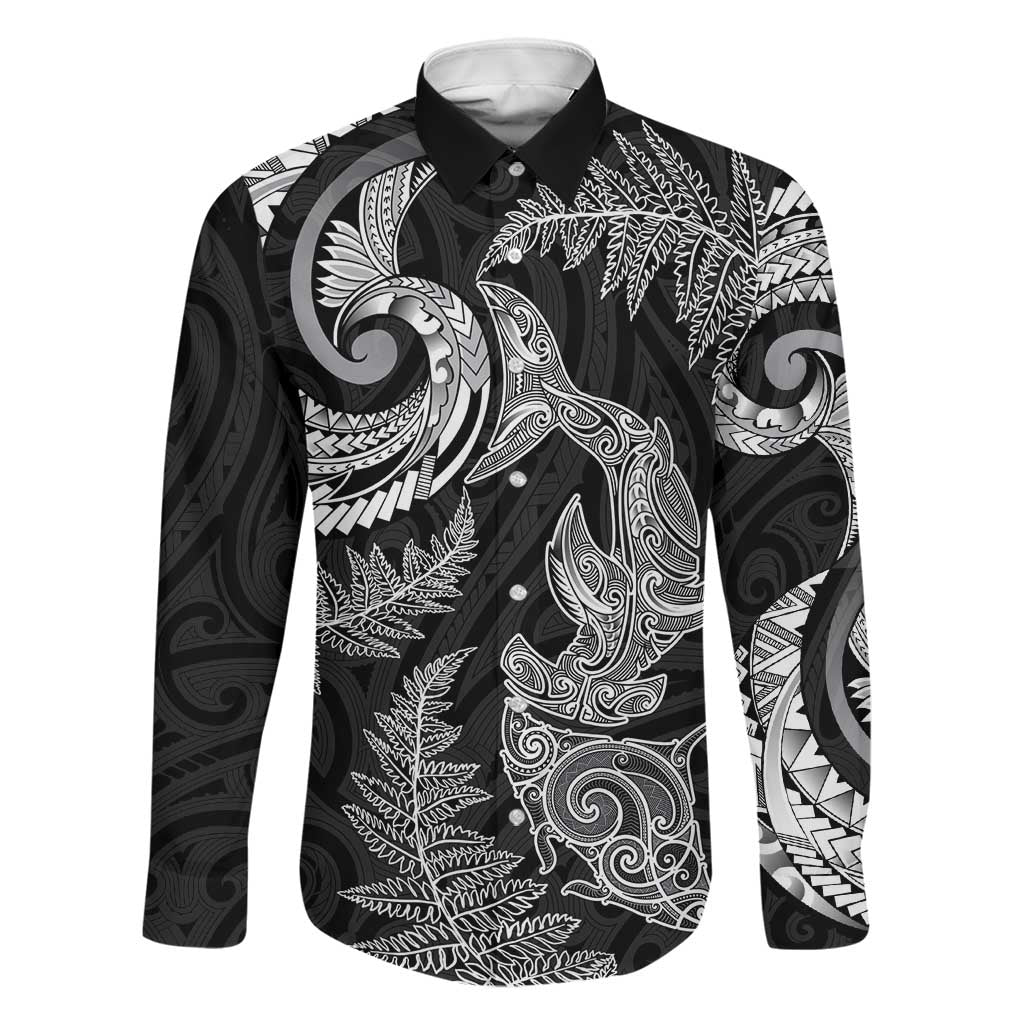 New Zealand Sea Animals with Maori Tribal Tattoo Family Matching Short Sleeve Bodycon Dress and Hawaiian Shirt Shark Manta Ray with Silver Fern Black LT03 Dad's Shirt - Long Sleeve Black - Polynesian Pride