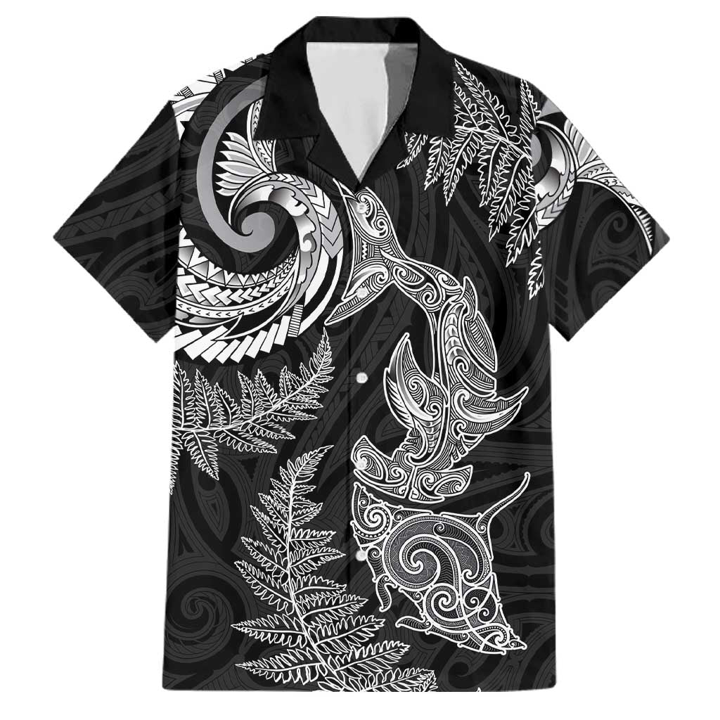 New Zealand Sea Animals with Maori Tribal Tattoo Family Matching Summer Maxi Dress and Hawaiian Shirt Shark Manta Ray with Silver Fern Black LT03 Dad's Shirt - Short Sleeve Black - Polynesian Pride