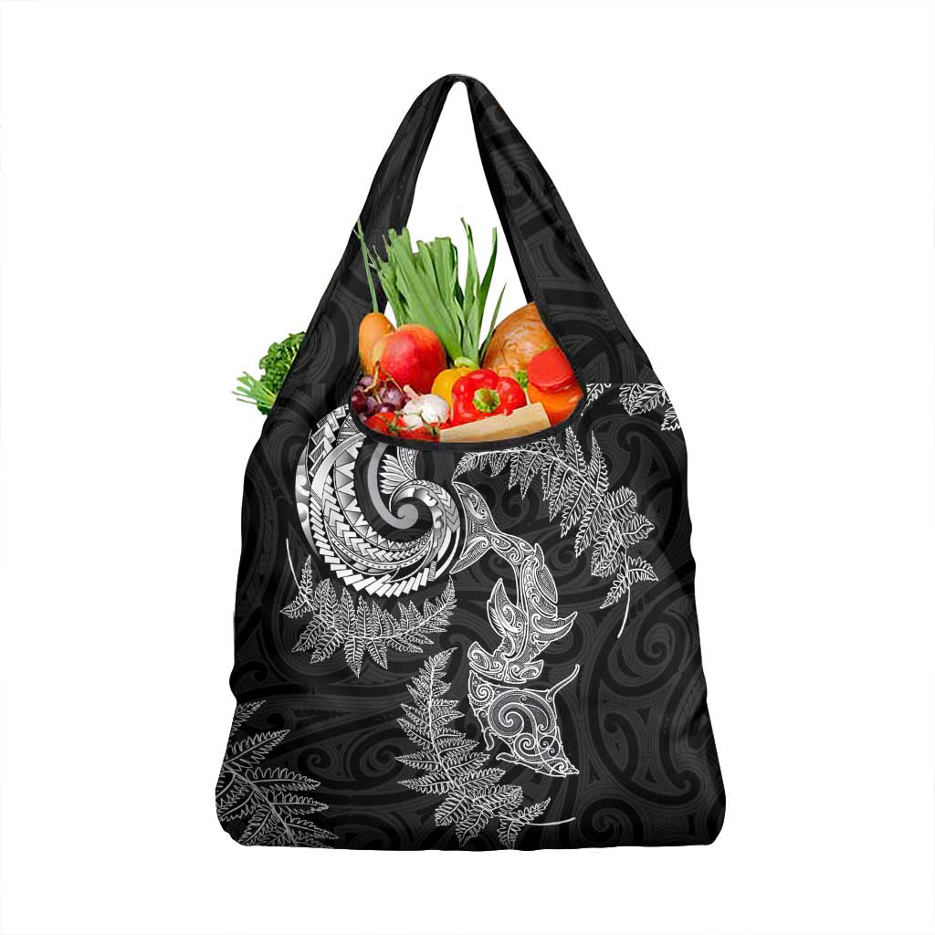 New Zealand Sea Animals with Maori Tribal Tattoo Grocery Bag Shark Manta Ray with Silver Fern Black
