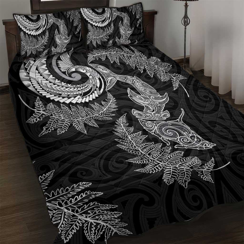 New Zealand Sea Animals with Maori Tribal Tattoo Quilt Bed Set Shark Manta Ray with Silver Fern Black