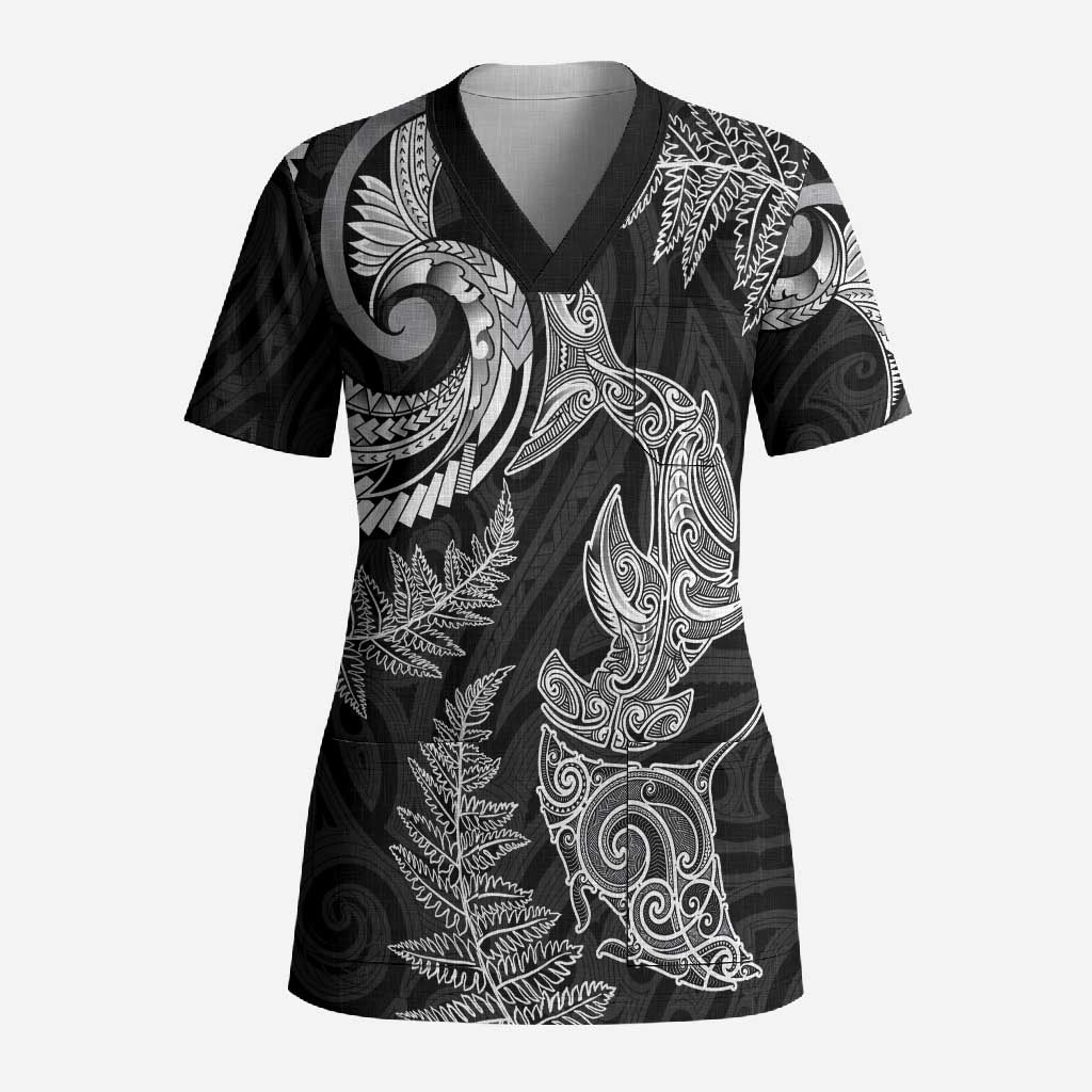 New Zealand Sea Animals with Maori Tribal Tattoo Scrub Top Shark Manta Ray with Silver Fern Black