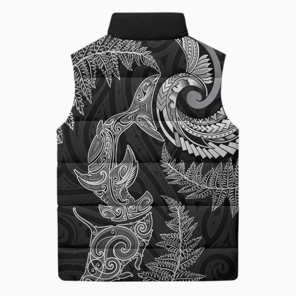 New Zealand Sea Animals with Maori Tribal Tattoo Sleeveless Puffer Jacket Shark Manta Ray with Silver Fern Black