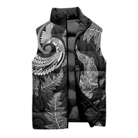 New Zealand Sea Animals with Maori Tribal Tattoo Sleeveless Puffer Jacket Shark Manta Ray with Silver Fern Black