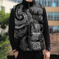 New Zealand Sea Animals with Maori Tribal Tattoo Sleeveless Puffer Jacket Shark Manta Ray with Silver Fern Black