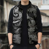 New Zealand Sea Animals with Maori Tribal Tattoo Sleeveless Puffer Jacket Shark Manta Ray with Silver Fern Black