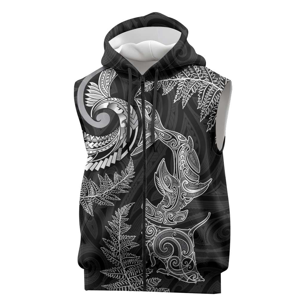 New Zealand Sea Animals with Maori Tribal Tattoo Sleeveless Zip Hoodie Shark Manta Ray with Silver Fern Black