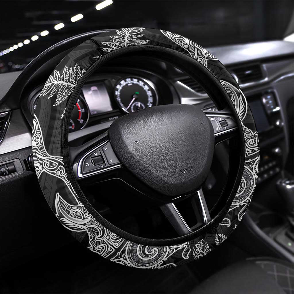 New Zealand Sea Animals with Maori Tribal Tattoo Steering Wheel Cover Shark Manta Ray with Silver Fern Black