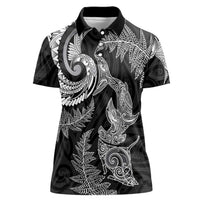 New Zealand Sea Animals with Maori Tribal Tattoo Women Polo Shirt Shark Manta Ray with Silver Fern Black