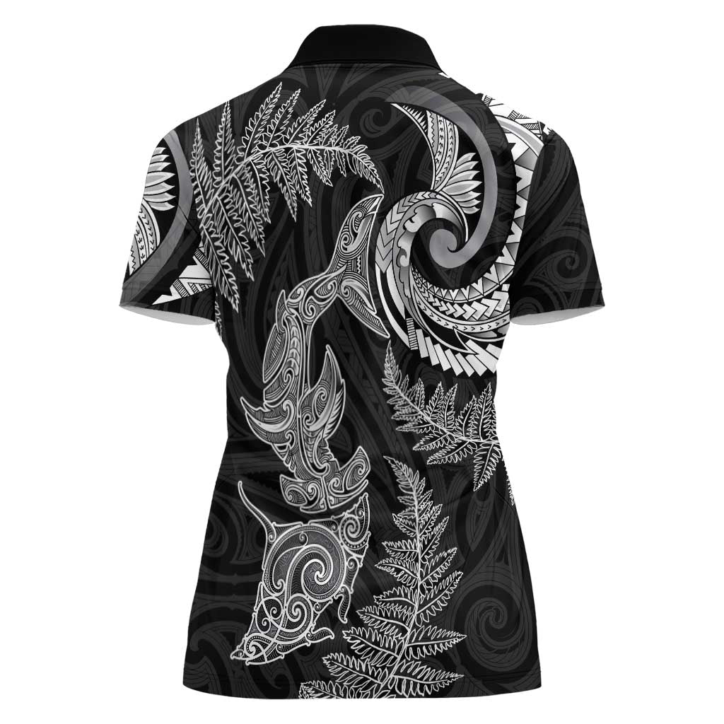 New Zealand Sea Animals with Maori Tribal Tattoo Women Polo Shirt Shark Manta Ray with Silver Fern Black
