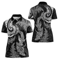 New Zealand Sea Animals with Maori Tribal Tattoo Women Polo Shirt Shark Manta Ray with Silver Fern Black