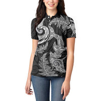 New Zealand Sea Animals with Maori Tribal Tattoo Women Polo Shirt Shark Manta Ray with Silver Fern Black
